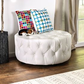 Round Shape Bonded Leather Ottoman with Button Tufting, White