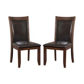 Transitional Wooden Side Chair With Faux Leather Seat, Set of 2, Brown