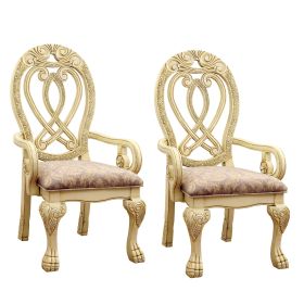Traditional Wooden Arm Chair with Intricate Carvings, Set of 2,Gold and Brown