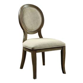 Fabric Upholstered Wooden Side Chair with Round Design Backrest, Set of 2, Brown and Beige
