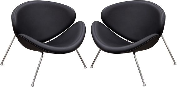 Modern Leatherette Upholstered Accent Chair with Angled Metal Legs, Set of Two, Black and Silver