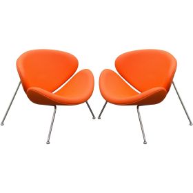 Modern Leatherette Upholstered Accent Chair with Angled Metal Legs, Set of Two, Orange and Silver