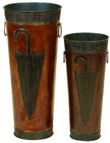 21, 16 Inch Metal Umbrella Stands, Engraved Artwork, Set of 2, Antique Brown, Black