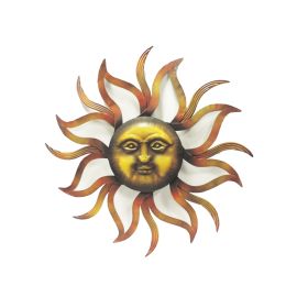 35 Inch Round Wall Mounted Sun Face Accent Decor, Carved Rustic Gold and Black Metal