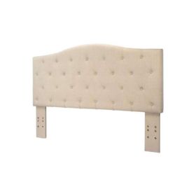 Button Tufted Fabric Wrapped Queen Size Wooden Headboard, Off White