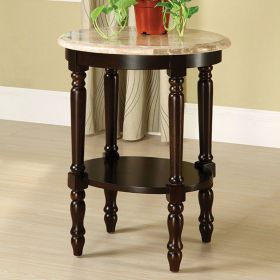 Wooden Side Table with Open Bottom Shelf and Marble Top, Brown and Beige