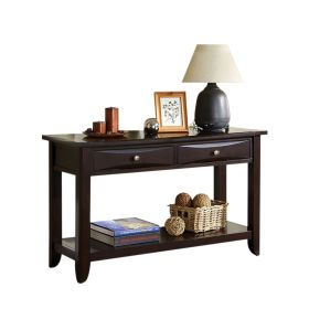 2 Drawer Wooden Sofa Table with Chamfered Legs and Open Shelf, Brown