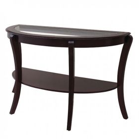 Semi Oval Solid Wood Table with Beveled Glass Top and Open Shelve, Espresso Brown
