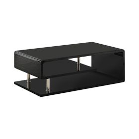 Wooden Coffee Table with Curling Shelf and Metal Poles, Black