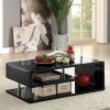Wooden Coffee Table with Curling Shelf and Metal Poles, Black