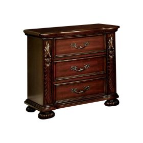 29 Inch Handcrafted Vintage Style Nightstand, 3 Drawers, Carved Trim, Cherry Brown Wood
