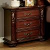 29 Inch Handcrafted Vintage Style Nightstand, 3 Drawers, Carved Trim, Cherry Brown Wood