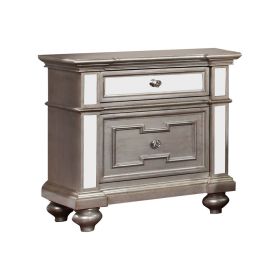 28 Inch Bedside Nightstand, 2 Drawers, Mirror Panels, Crystal Acrylic Knobs, Silver