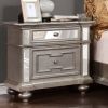 28 Inch Bedside Nightstand, 2 Drawers, Mirror Panels, Crystal Acrylic Knobs, Silver