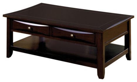 2 Drawer Wooden Coffee Table with Open Bottom Shelf, Espresso Brown