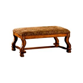 Wooden Bench with Paisley Printed Fabric Seat and Curved Legs, Oak Brown