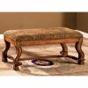 Wooden Bench with Paisley Printed Fabric Seat and Curved Legs, Oak Brown