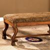 Wooden Bench with Paisley Printed Fabric Seat and Curved Legs, Oak Brown