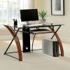 Glass Top Computer Desk with Z Shaped Metal Legs, Brown and Black