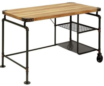 Industrial Metal Writing Desk With Wooden Top, Brown and Black
