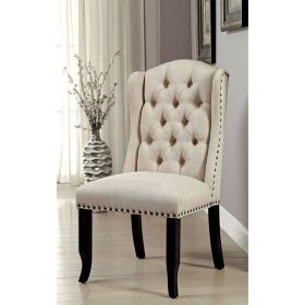Button Tufted Fabric Upholstered Wooden Bar Chair, Beige and Black, Set of Two