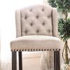 Button Tufted Fabric Upholstered Wooden Bar Chair, Beige and Black, Set of Two