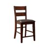 25 Inch Set of 2 Solid Wood Counter Stool Chairs, Ladder Back, Faux Leather Seat, Cherry Brown