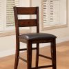 25 Inch Set of 2 Solid Wood Counter Stool Chairs, Ladder Back, Faux Leather Seat, Cherry Brown