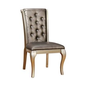 Leatherette Buttoned Side Chair with Cabriole Legs, Set of 2, Gray and Gold