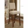 Counter Height Chair, Beige Fabric, Nailhead Trim, Set of 2, Brown Wood Legs
