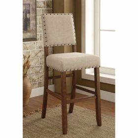 Counter Height Chair, Beige Fabric, Nailhead Trim, Set of 2, Brown Wood Legs