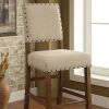 Counter Height Chair, Beige Fabric, Nailhead Trim, Set of 2, Brown Wood Legs