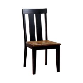 Wooden Slatted Back Side Chairs with Plank Seat, Set of 2, Black and Brown