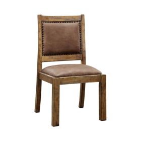 Rustic Wood Dining Chair, Vegan Faux Leather, Nailhead Trim, Set of 2,Brown