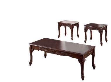 3 Piece Occasional Wooden Table Set with Engraved Details, Cherry Brown