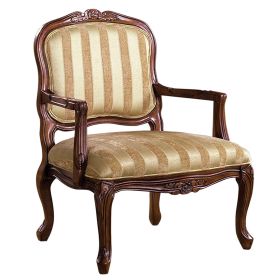 Traditional Fabric Upholstered Arm Chair with Carving, Gold and Brown