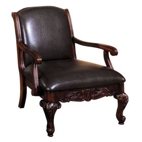 Leatherette Wooden Accent Chair with Hand Carved Legs, Espresso Brown