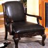 Leatherette Wooden Accent Chair with Hand Carved Legs, Espresso Brown