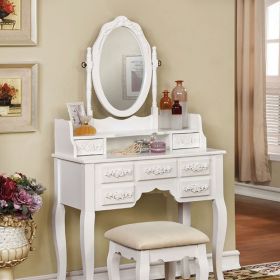 Wooden Vanity Table Set with Padded Stool and 7 Drawers, White
