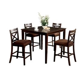 5 Piece Wooden Counter Height Table with Crossback Chairs, Espresso Brown