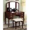 Spacious Solid Wood Vanity Table with Three Sided Mirror and Fabric Padded Stool, Brown