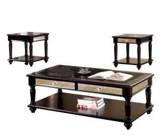 Mirror Panel Drawer Coffee Table with 2 End Tables, Set of 3, Brown