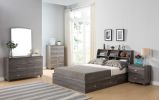 Wooden Frame Twin Bookcase Headboard with Grain Details, Distressed Gray