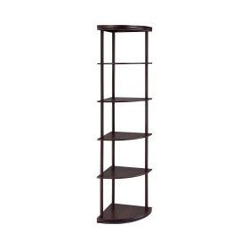 Illuminating corner bookcase with five pie shaped shelves, Brown