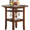 Round Top Wooden Counter Table with Stemware Rack and 2 Drop Leaves, Brown