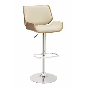 Contemporary Small Back Adjustable Bar Height Stool, Cream & Walnut Brown