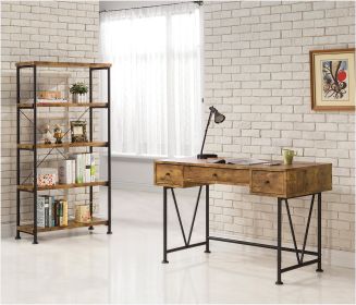 48 Inch Chic Wood Writing Desk 3 Drawer, Rustic, Metal Base, Antique Brown