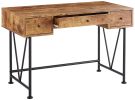 48 Inch Chic Wood Writing Desk 3 Drawer, Rustic, Metal Base, Antique Brown