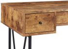 48 Inch Chic Wood Writing Desk 3 Drawer, Rustic, Metal Base, Antique Brown