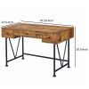 48 Inch Chic Wood Writing Desk 3 Drawer, Rustic, Metal Base, Antique Brown